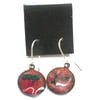 enamel earrings - small round scrolled white and green on red