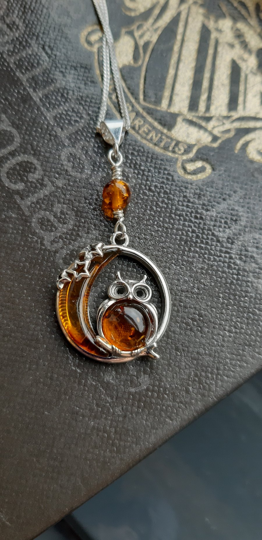 Baltic Amber Owl and the Moon and Sterling Silver Pendant 