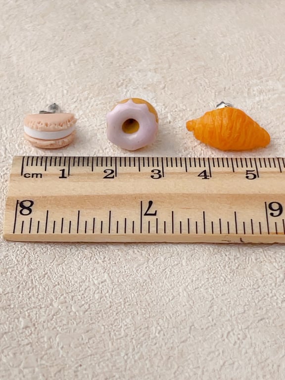 Miniature Food Earring Set - 3 Pairs of Tiny Macaron Donut Croissant Studs
