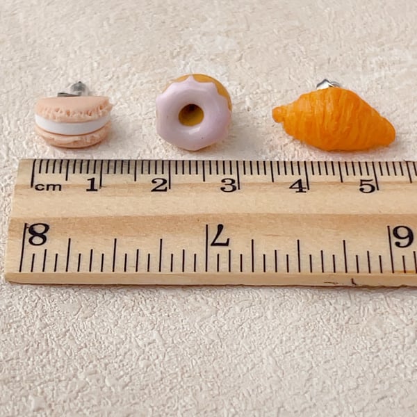 Miniature Food Earring Set - 3 Pairs of Tiny Macaron Donut Croissant Studs