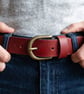Burgundy Red Full Grain Leather Belt Brass Buckle Womens Belt 25mm 1 Inch - Image 2