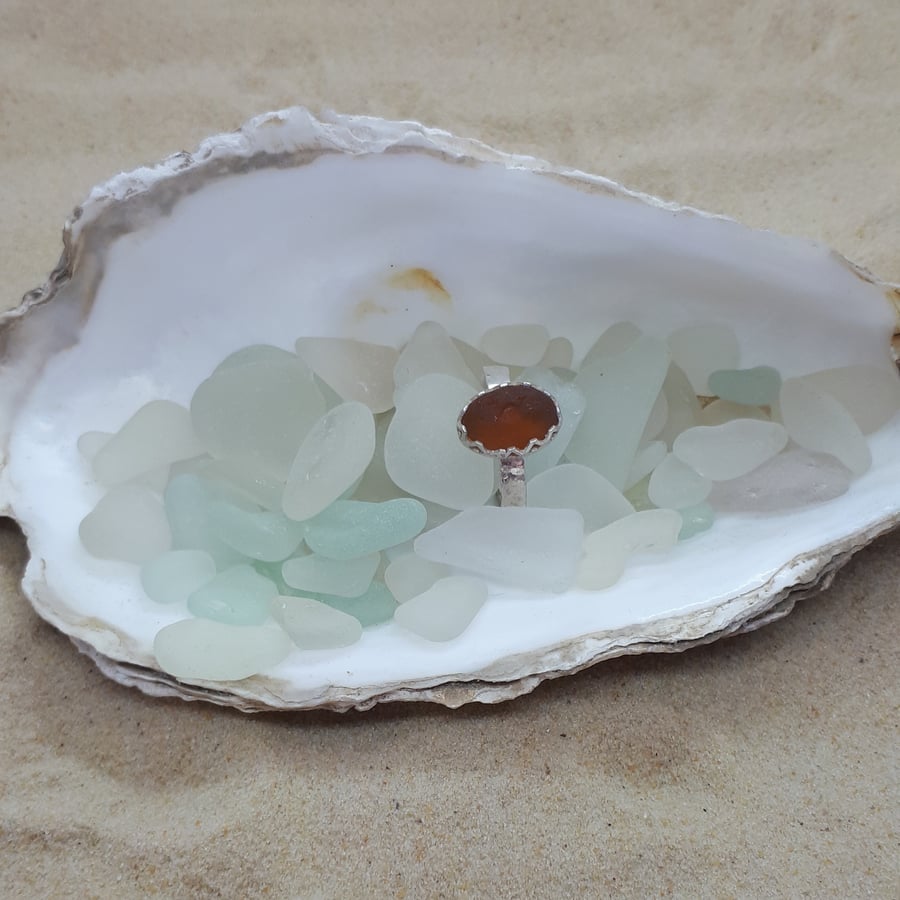 Amber sea glass ring SG25