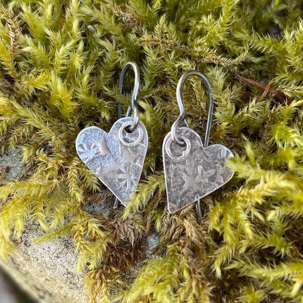 Oxidised sterling silver textured heart earrings
