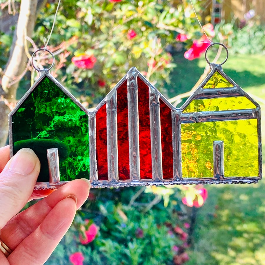 Stained Glass Suncatcher Beach Huts - Handmade Hanging Decoration - Multi