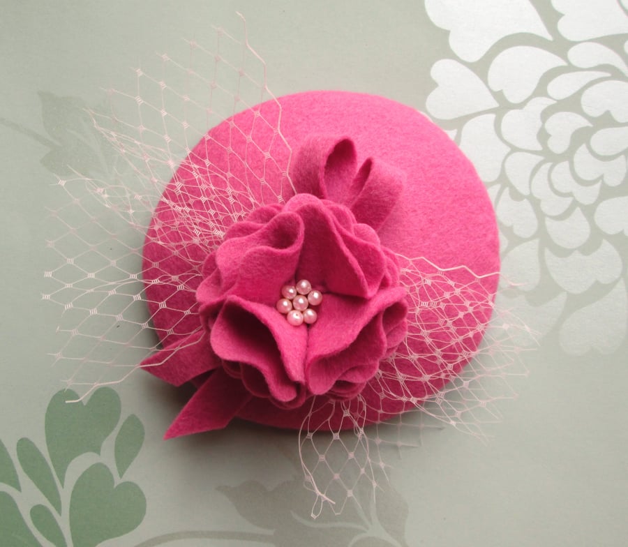 Pink Cocktail Hat - Felt Flower Fascinator Hat, Vintage Tea Party, Wedding