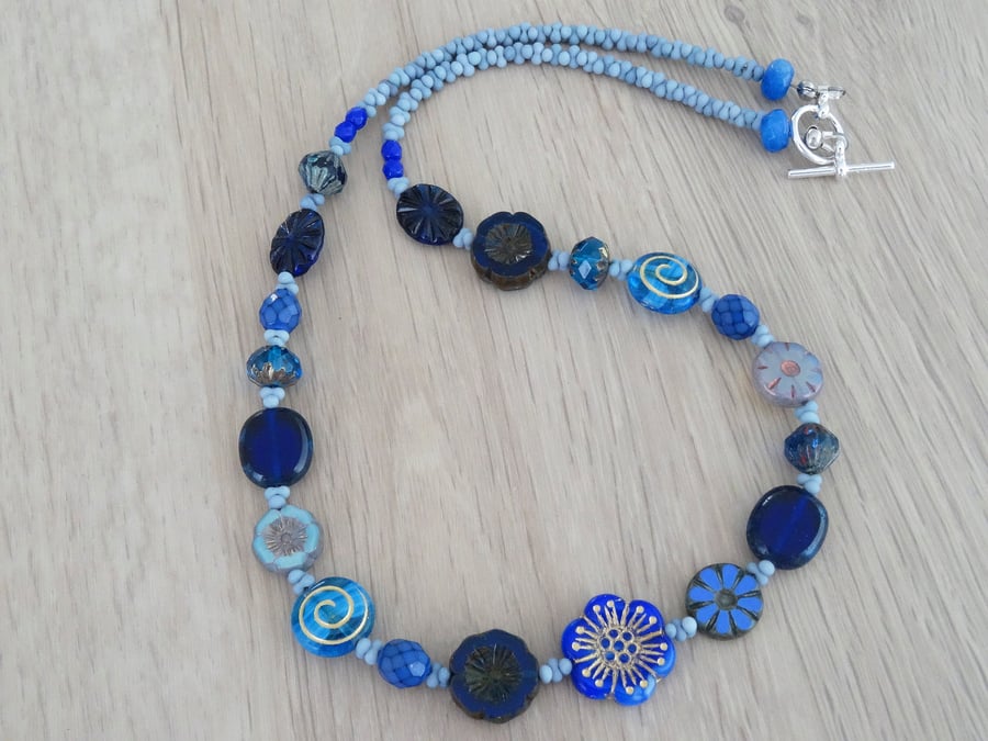 Czech Glass Necklace, Blue Necklace, Floral Necklace, Anemone Necklace.