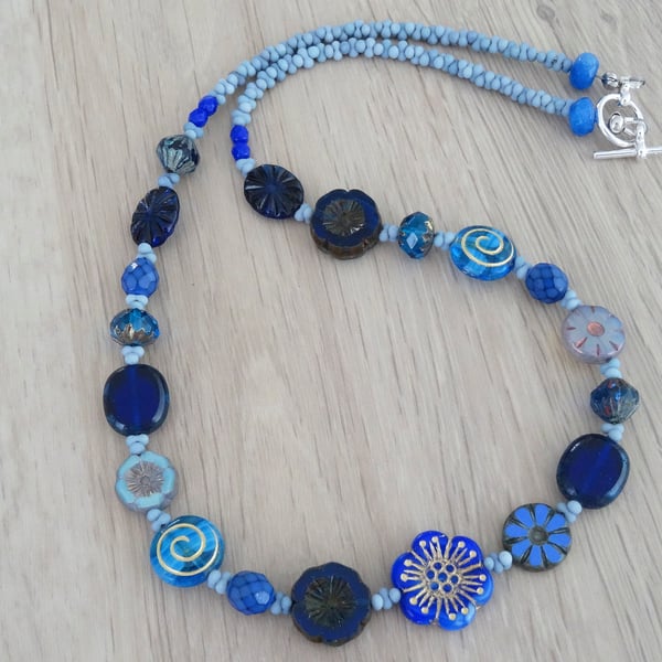 Czech Glass Necklace, Blue Necklace, Floral Necklace, Anemone Necklace.