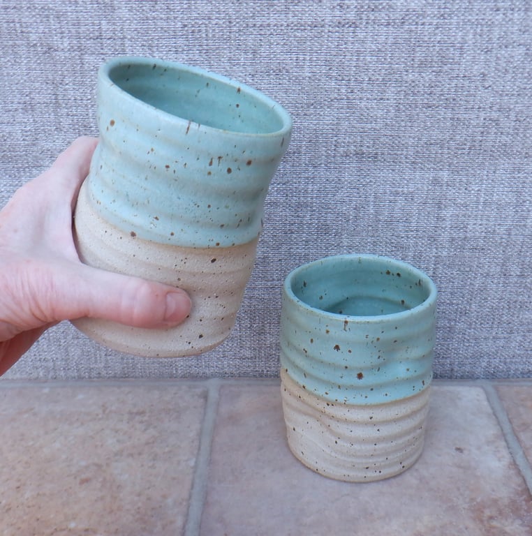 Pair of water or juice beaker tumbler wheel thrown in stoneware pottery handmade