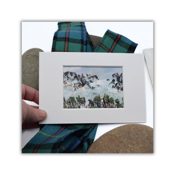 A small mounted painting - landscape - mountains - snow - Scotland - acrylics