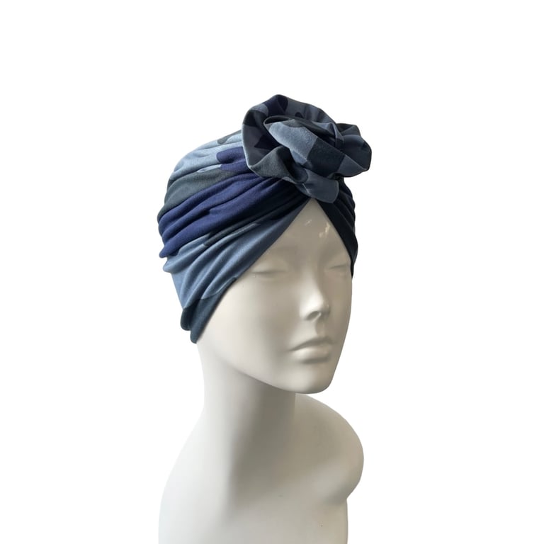 Vintage style 1940s 1950s style stretch jersey turban hat Blue camouflage hat