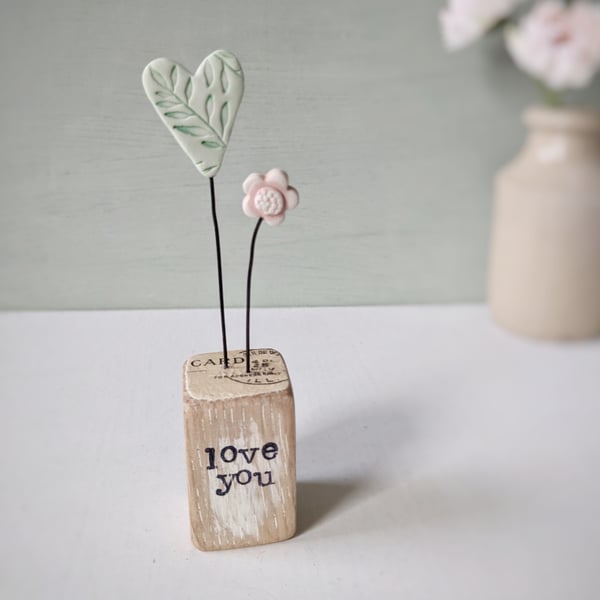 Clay Heart and Flower in a Printed Wood Block 'Love You'