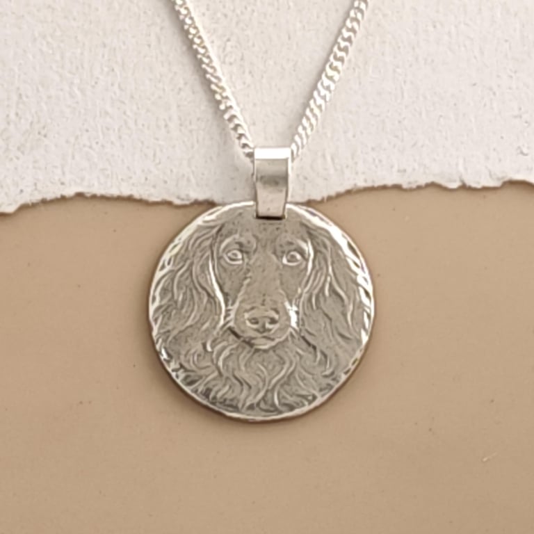 Dachshund Long Haired Engraved Sterling Silver Coin Necklace