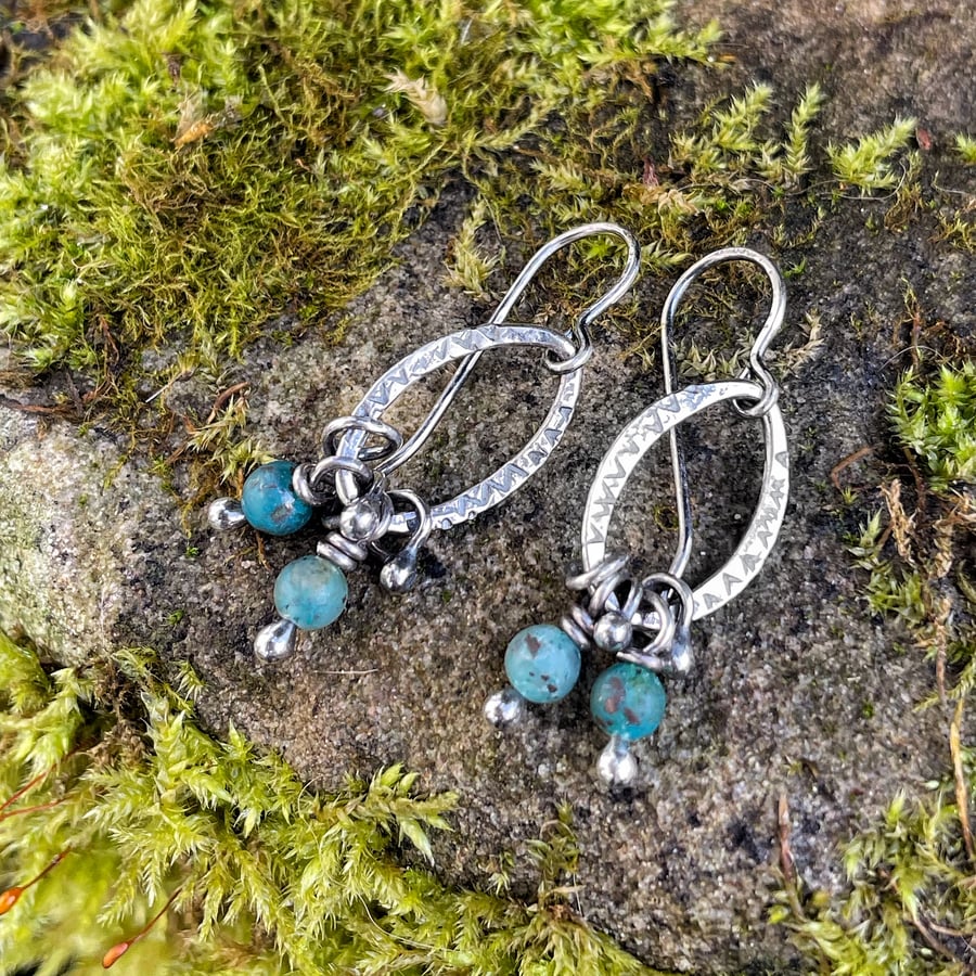 Oxidised sterling silver and teal chrysocolla small dangly earrings