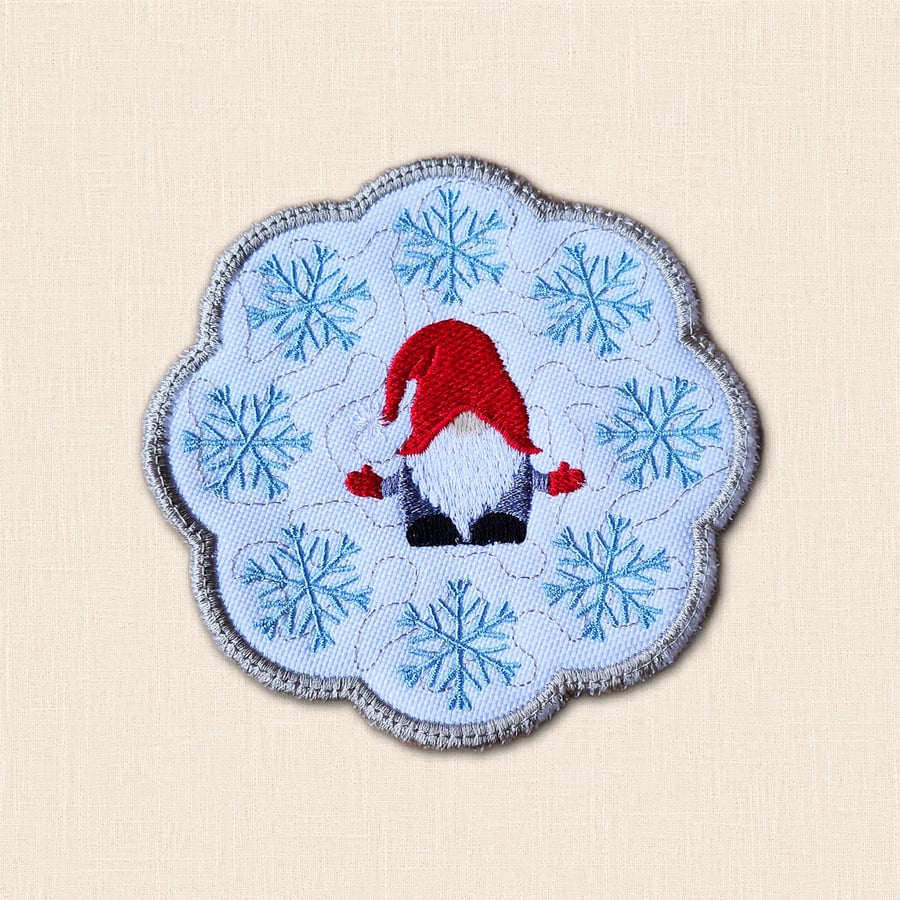 Christmas Gnome Candle Coaster- Embroidered Festive Decor