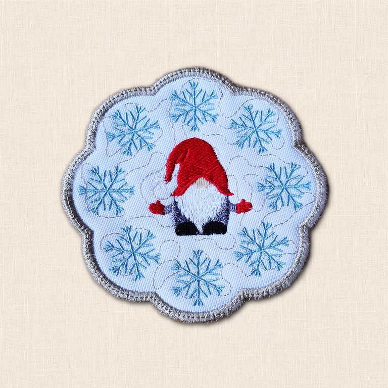 Christmas Gnome Candle Coaster- Embroidered Festive Decor