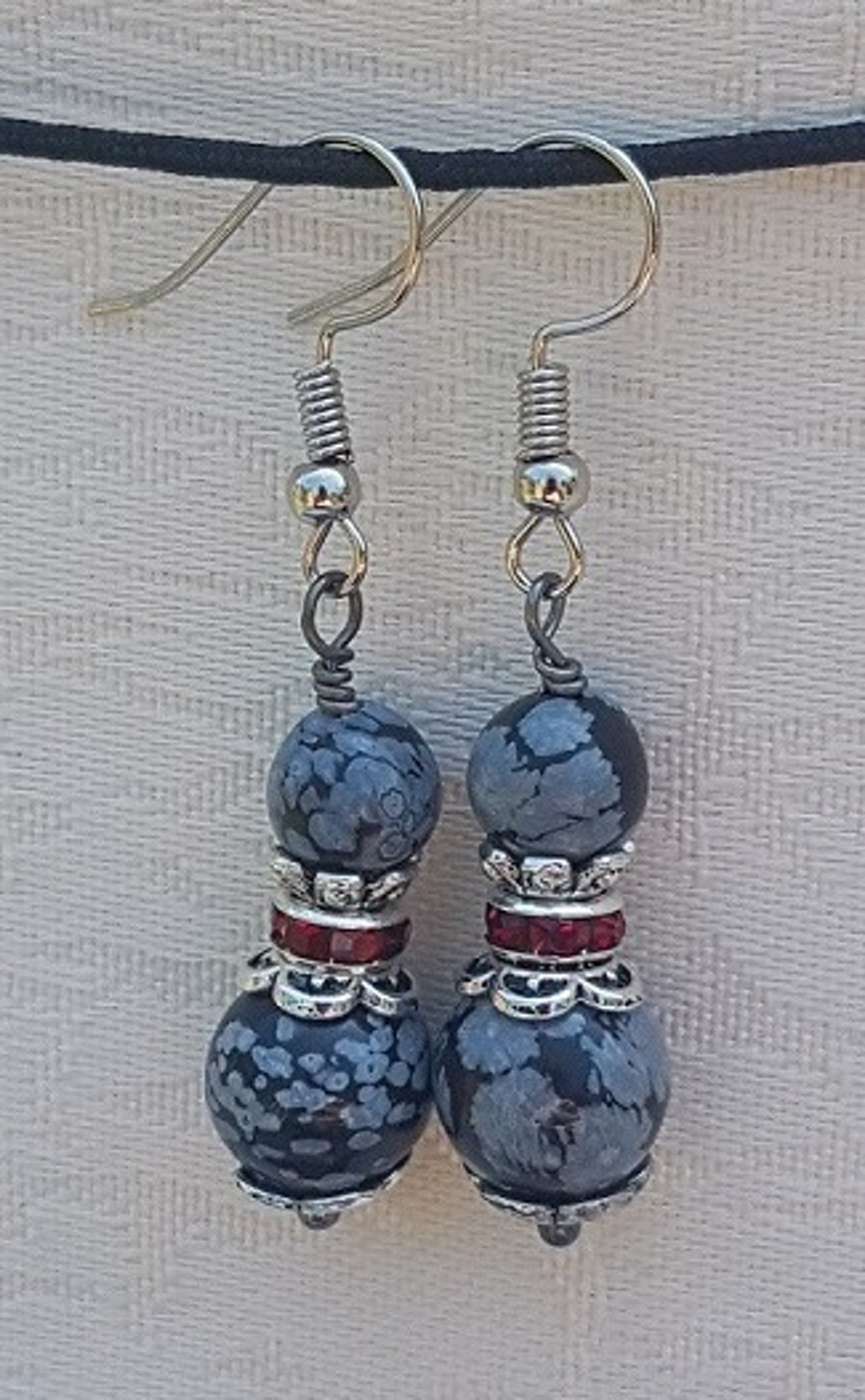 Amazing Snowflake Obsidian and red Crystal Earrings