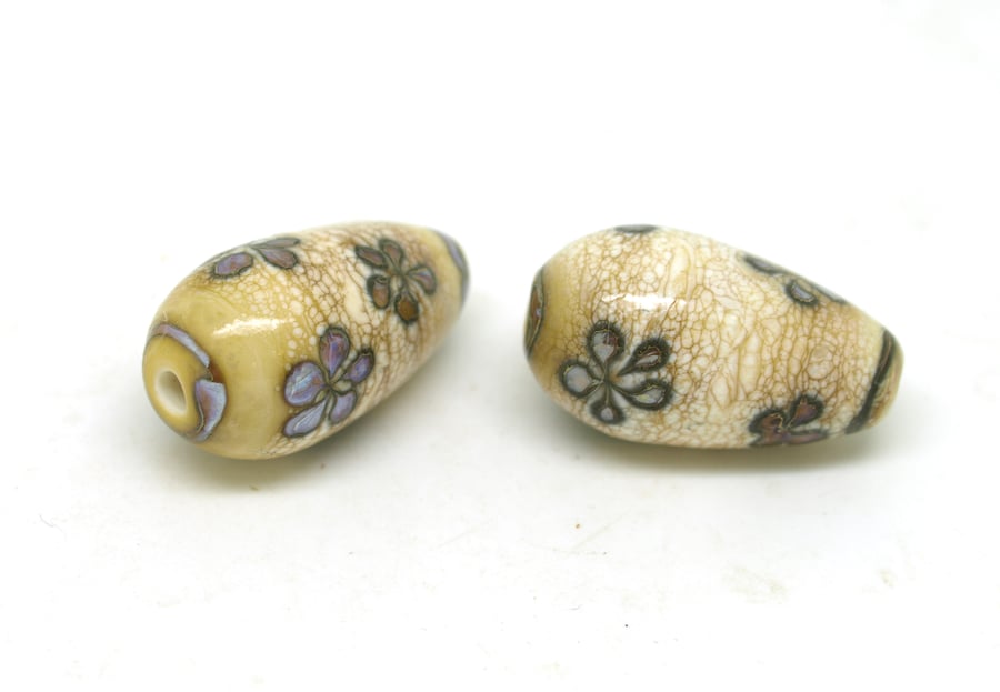 Ivory and Purple Brown Lampwork Drops - Handmade Glass Beads