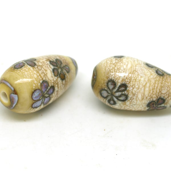 Ivory and Purple Brown Lampwork Drops - Handmade Glass Beads