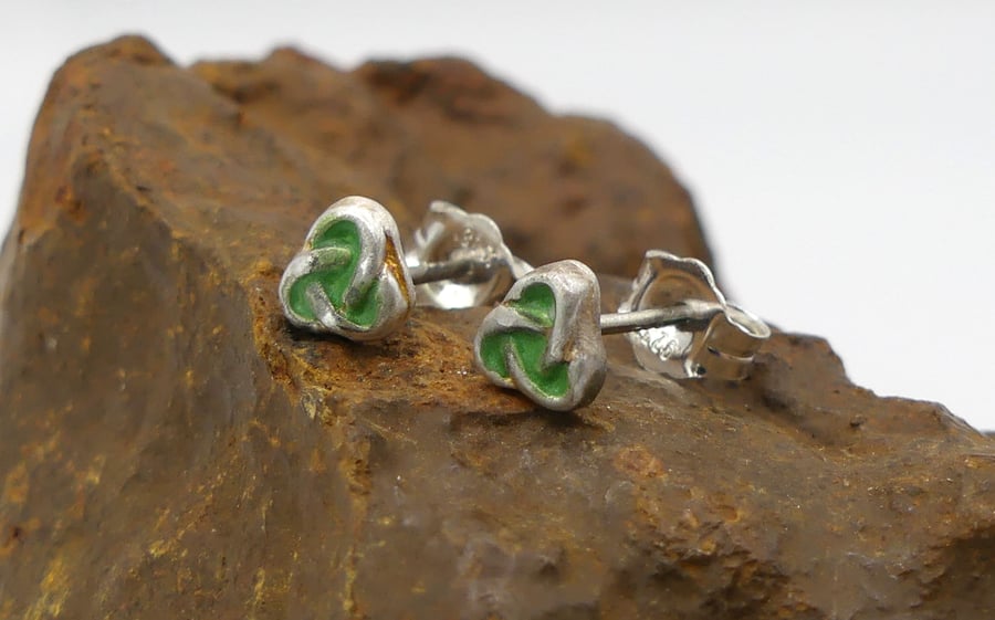 Recycled Sterling Silver Trinity Knot Stud Earrings with a Green Patina.