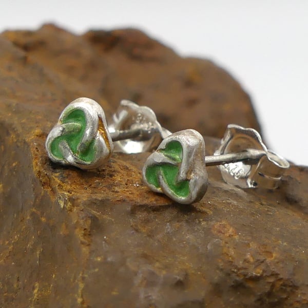 Recycled Sterling Silver Trinity Knot Stud Earrings with a Green Patina.