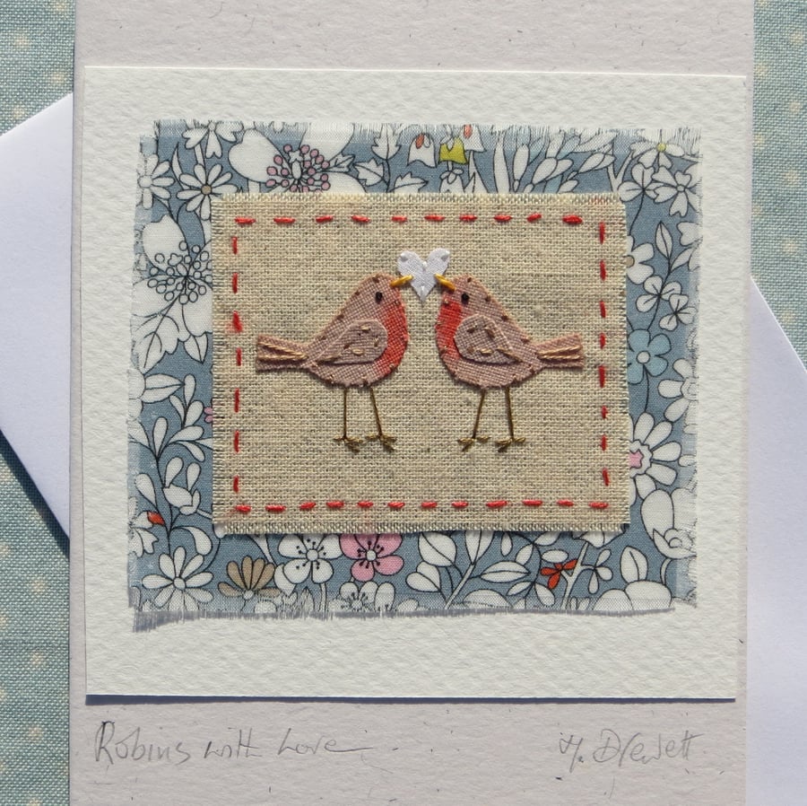Robins with Love hand-stitched detailed miniature, first Christmas together