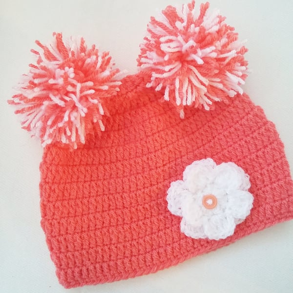 Baby girl 1-2 years coral double pom pom flower hat, great gift or photo prop!