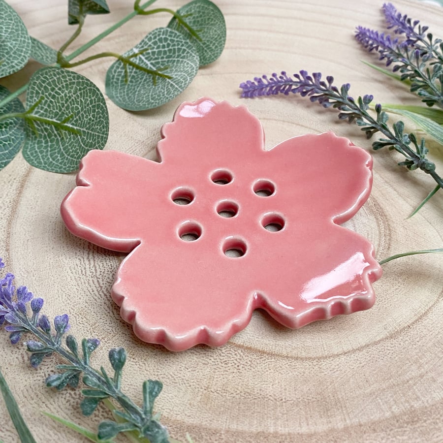 HANDMADE Pink Flower Shaped Ceramic Soap Dish