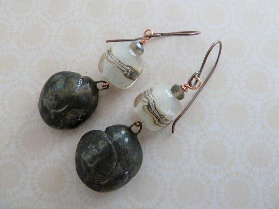 handmade copper, ceramic and lampwork earrings