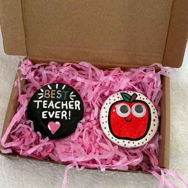 Best Teacher Ever Hand Painted Pebble Magnet Gift Set - Teacher Thank You Gift