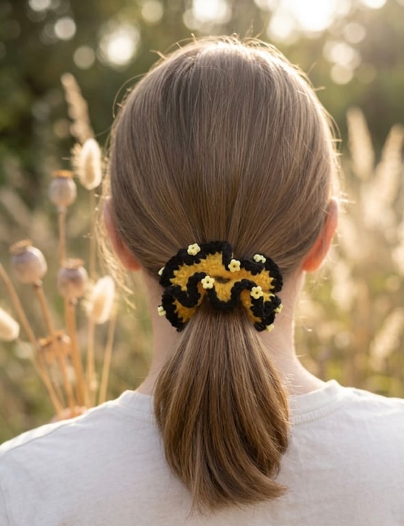 Handmade Bumblebee Crochet Scrunchie with Flower Beads, Yellow & Black