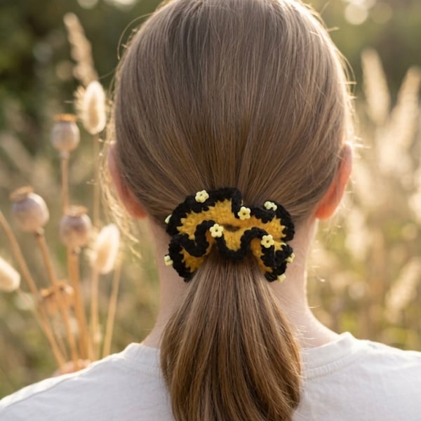 Handmade Bumblebee Crochet Scrunchie with Flower Beads, Yellow & Black