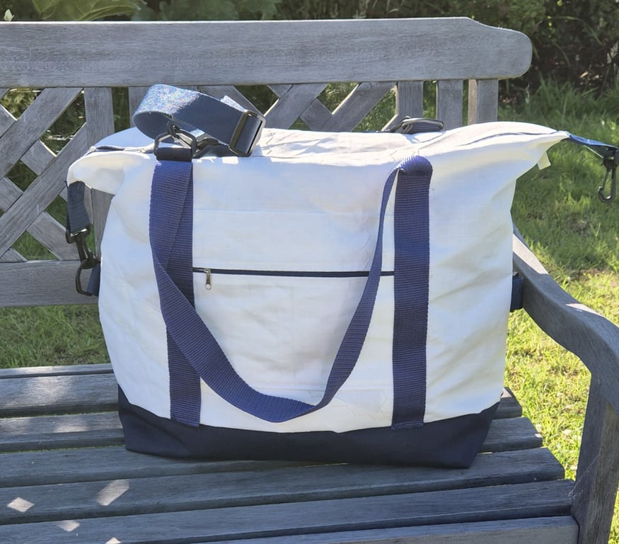 Navy Upcycled Sailcloth Travel Bag - Large Weekender zipped Tote with Canvasbase
