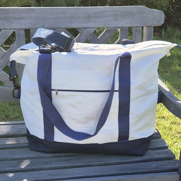 Navy Upcycled Sailcloth Travel Bag - Large Weekender zipped Tote with Canvasbase
