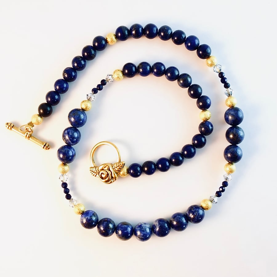 Lapis Lazuli Necklace With Swarovski Crystals - Handmade In Devon
