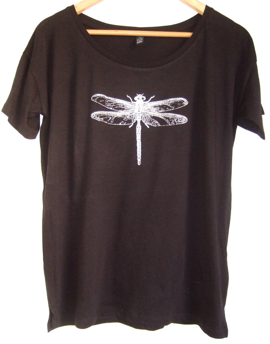 Silver Dragonfly Womens organic cotton Tencel  black T shirt oversize style