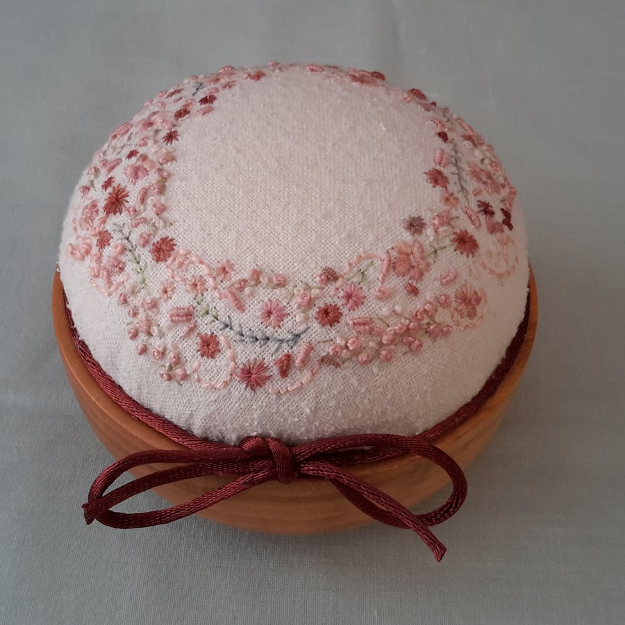 REDUCED, Hand Embroidered Pincushion, Hand sewn pin cushion on wooden base