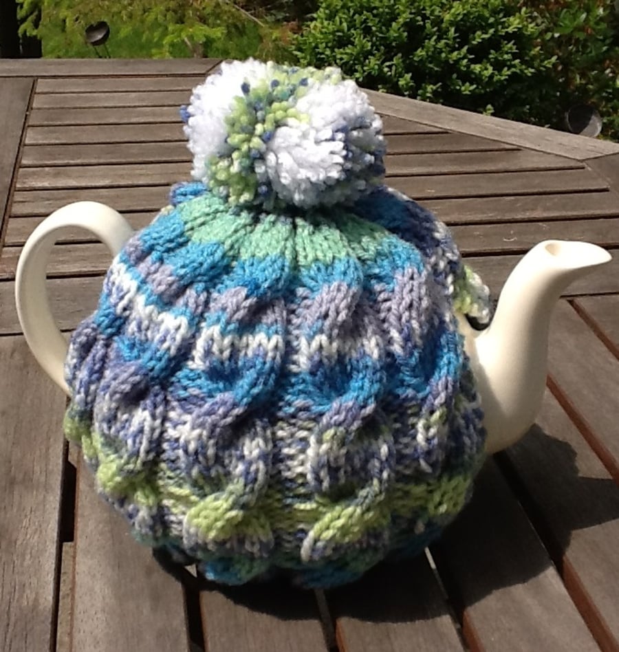 Blue Tweed Tea Cosy - Traditional Cable fits 4 to 6 cup pot 
