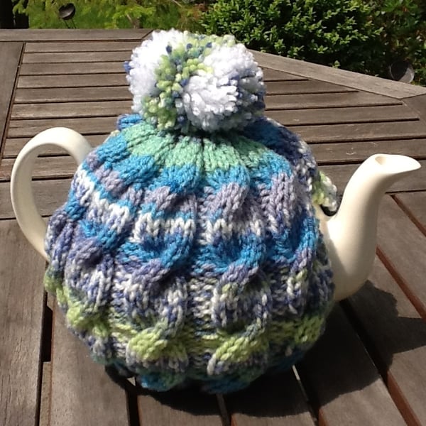 Blue Tweed Tea Cosy - Traditional Cable fits 4 to 6 cup pot 