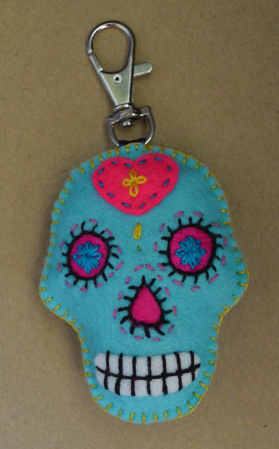 Turquoise Sugar Skull Felt Stuffie Handbag Charm