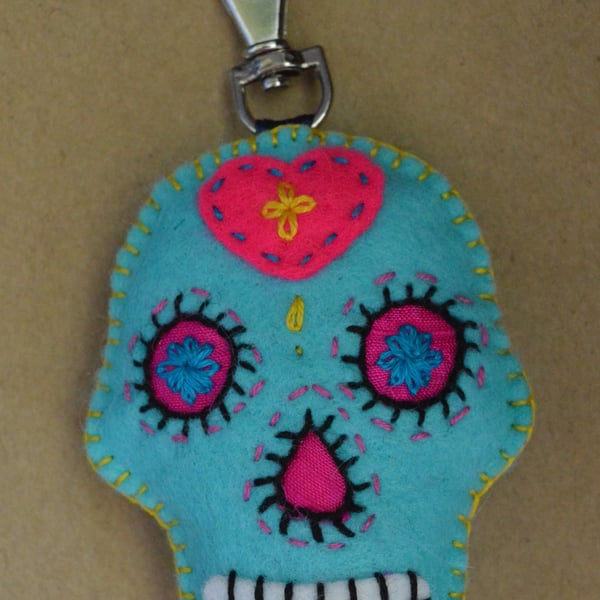 Turquoise Sugar Skull Felt Stuffie Handbag Charm