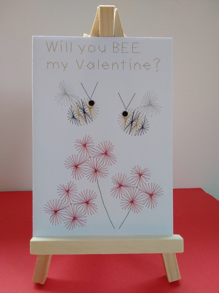 Bee My Valentine. Hand Embroidered Card.