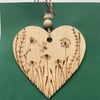 Flower Heart pyrography, plywood heart hanger