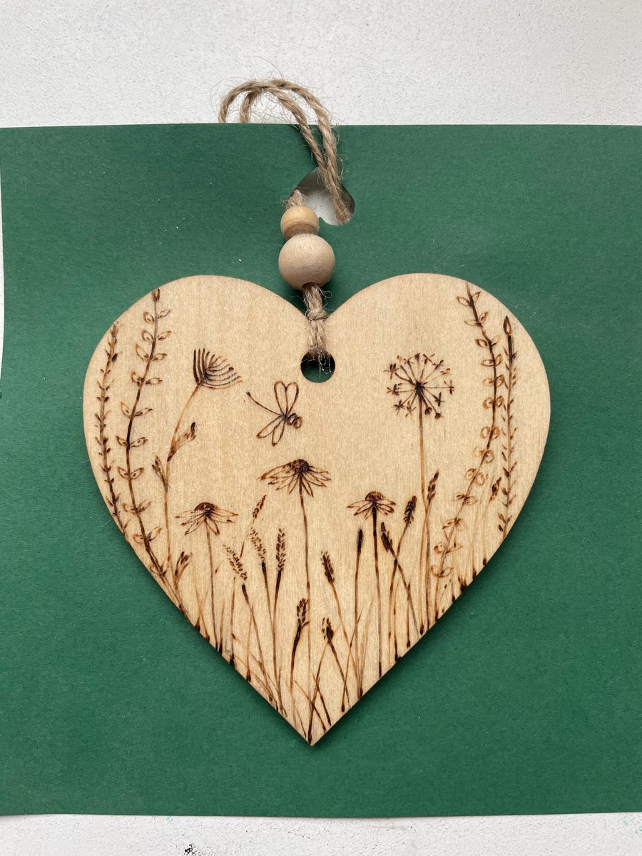 Flower Heart pyrography, plywood heart hanger