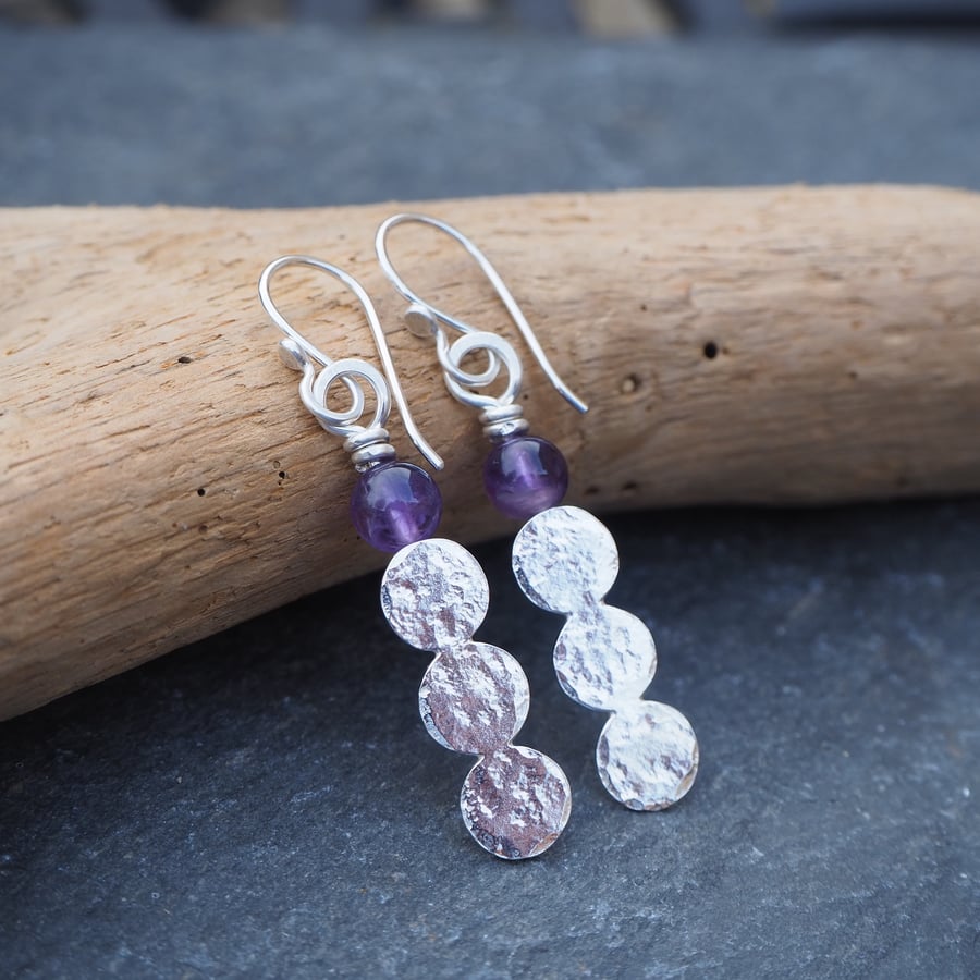Earrings, Three silver disc and amethyst earrings, handmade jewellery