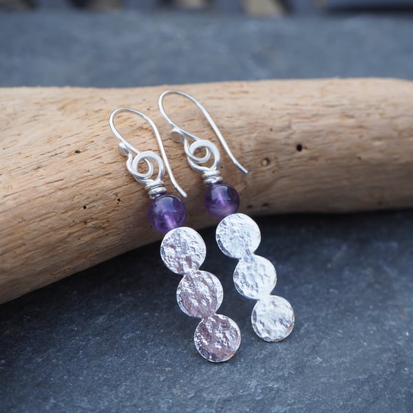Earrings, Three silver disc and amethyst earrings, handmade jewellery