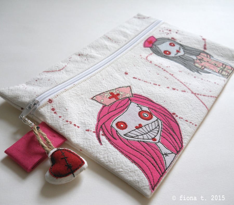 embroidered zombie nurses case or purse - large