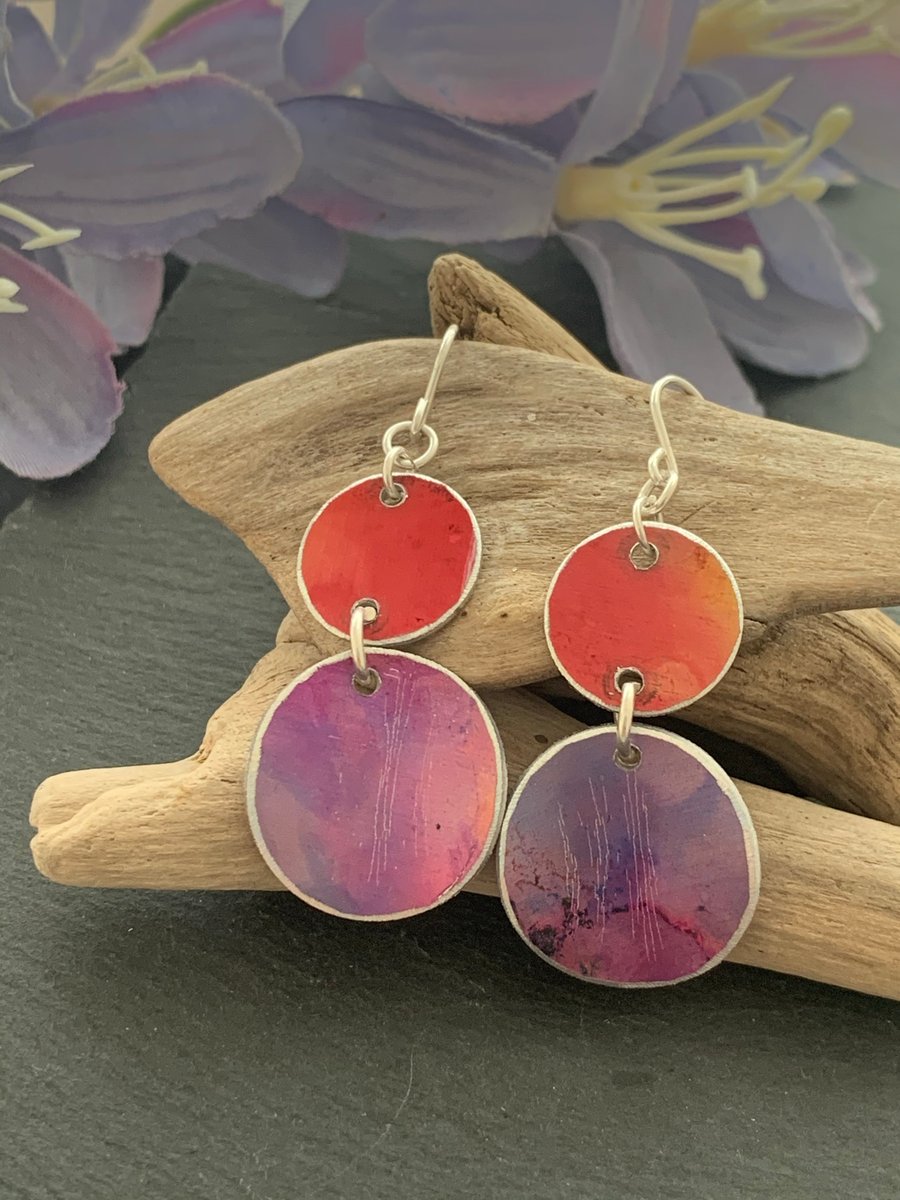 Printed Aluminium and sterling silver earrings - soft orange and purple sunrise