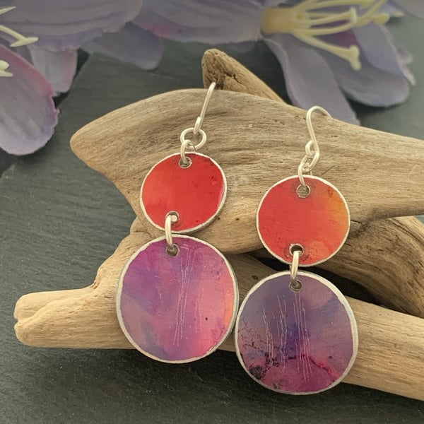 Printed Aluminium and sterling silver earrings - soft orange and purple sunrise