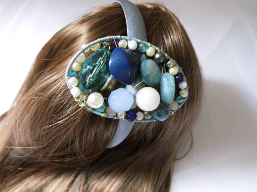 Blue beaded fascinator with alice band hair brooch