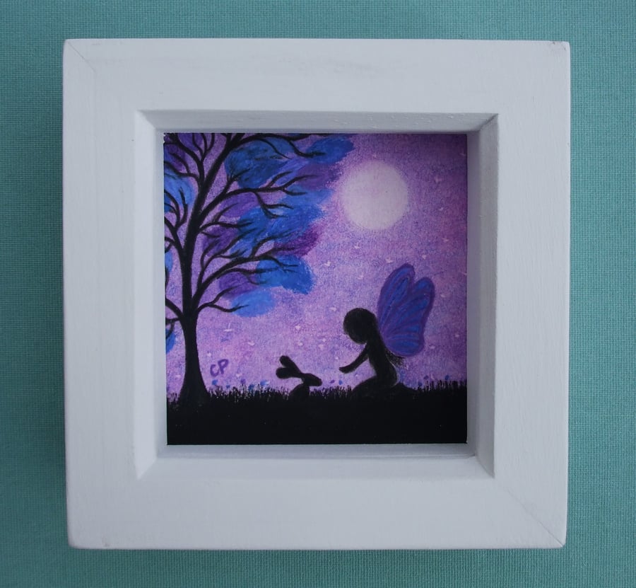 Fairy Picture, Framed Art, Gift for Daughter, Purple Tree Moon Rabbit Silhouette